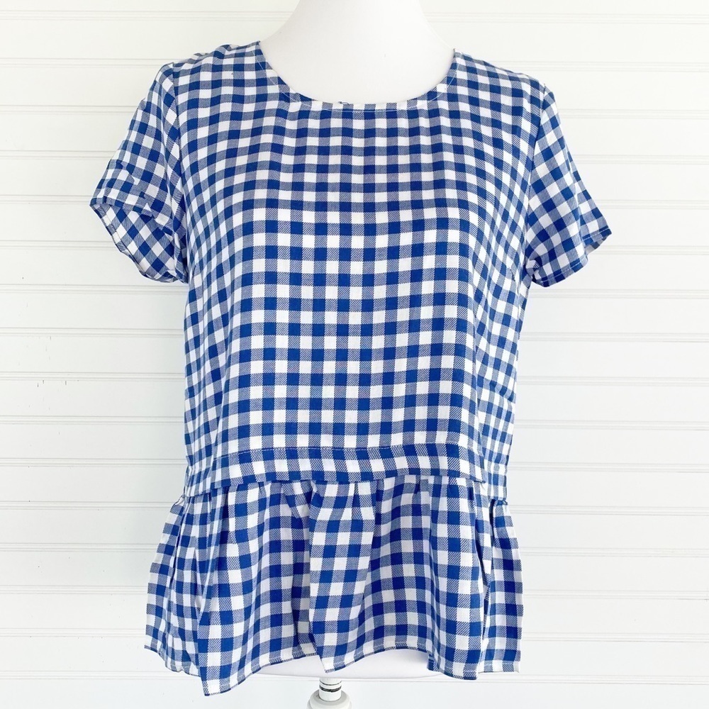 Hem & Thread Blue Gingham Open Back Tie Peplum Top Short Sleeve Rayon M